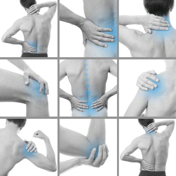 Pain in a man's body. Isolated on white background. Collage of several photos